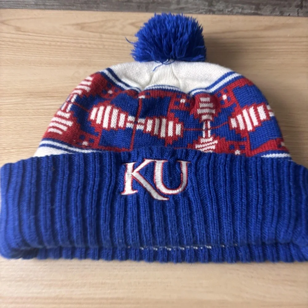 Kansas Jayhawks‎ Hat Beanie Mens One Size Blue White NCAA College Pom Adidas